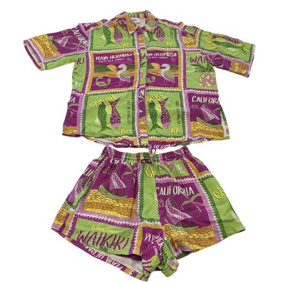 Seven Wonders Two Piece Set Womens XS Purple Green Hawaiian Aloha Shirt Shorts - Picture 1 of 14